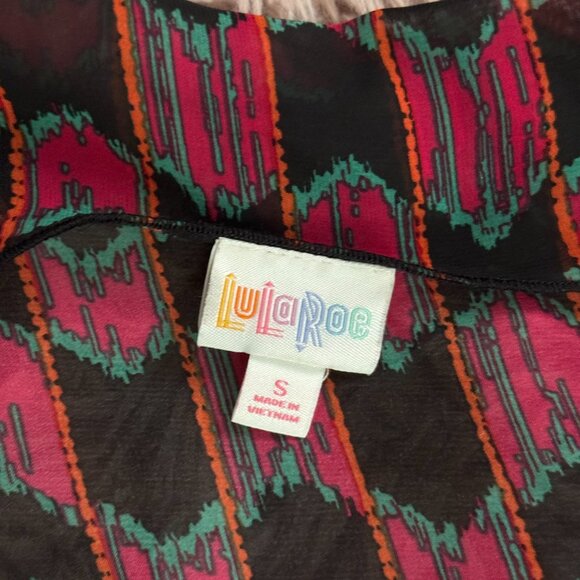 Lularoe Monroe Kimono (Black/Teal/Orange Abstract Design & Bright Teal Fringe) - Picture 2 of 3